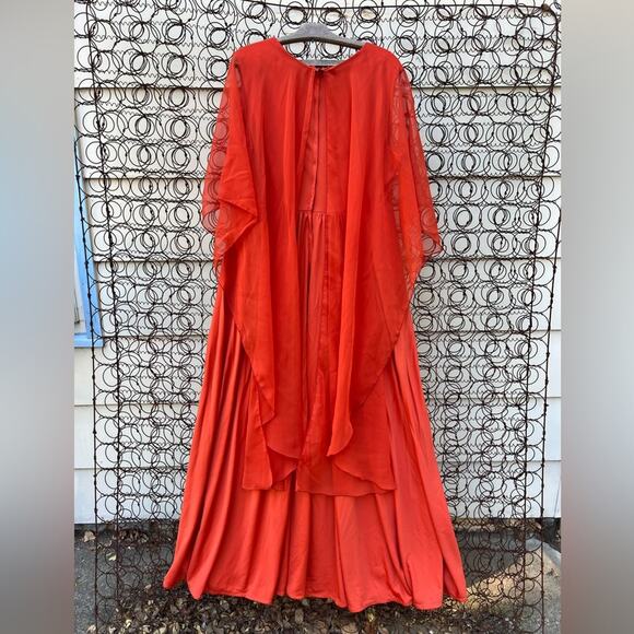 60s 70s Double Knit Poly pumpkin spice orange tank dress w/ sheer illusion cape - Picture 4 of 6